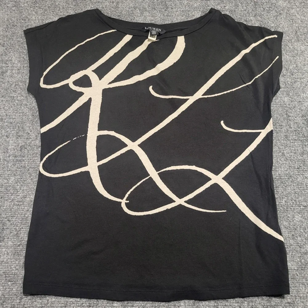 Lauren Ralph Lauren Logo-Print Short-Sleeve Black Top T-Shirt Woman's Size Small